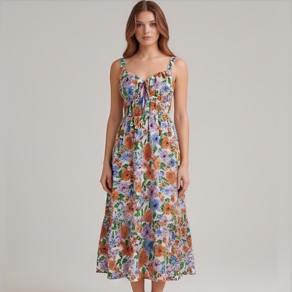 Boho Floral Print Tie Front Ruffle Hem Cami Dress - Picture 1 of 11